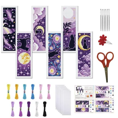 Image de Kit de marque-pages en point de croix, 6 pièces, motif ciel étoilé, pré-imprimé, 20x6 cm, pour débutants
