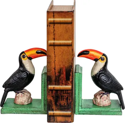 Produktbild von 2 Buchstützen Buchständer Tukan Vogel Figur Skulptur Eisen 16cm Antik-Stil