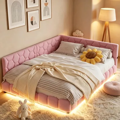 Productafbeelding van INONEFT Gestoffeerd bed 140x200 cm met LED-verlichting en USB-poorten, slaapbank met lattenbodem, kinderbed, hoekbed voor twee personen, geschikt voor kinderen en tieners, wol, roze