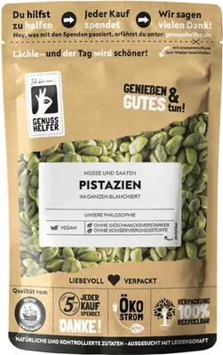 A bag of pistachios with various marketing text and logos.
