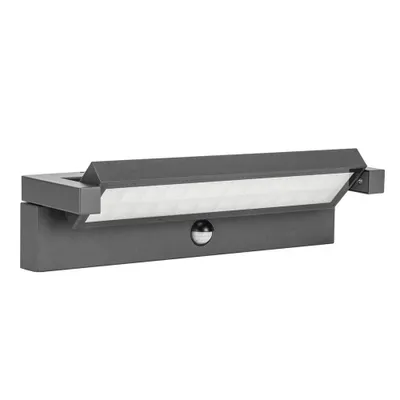 A dark gray LED outdoor wall light with a motion sensor is shown against a white background.