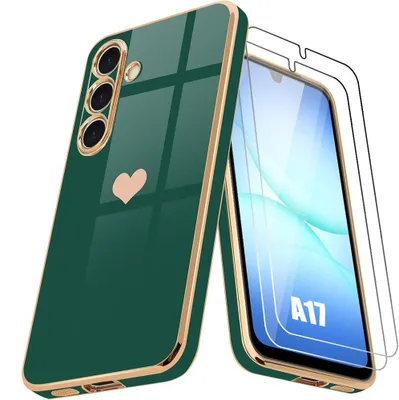 Image de Coque + 2 Verres Trempés pour Samsung Galaxy A17 5G/4G, Protection Silicone Motif Cœur Souple Vert Nuit