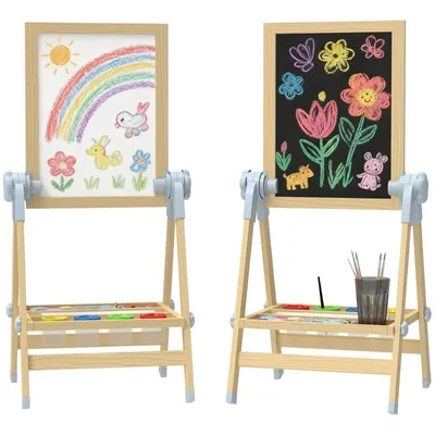 Produktbild von Kinderstaffelei aus Holz – Kindertafel – Höhenverstellbare Stehtafel – Doppelseitige Whiteboard-/Tafel – Mit Ablage – 48,5 x 46,5 x 97 cm – Holzfarbe