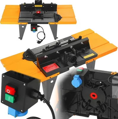 A collage of images showing different views and details of a router table.