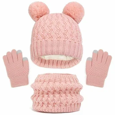 Image de Ensemble de sports d'hiver pour filles et garçons de 2 à 8 ans - ensemble 3 pièces - bonnets rouges - gants chauds - compatibles avec les écrans tactiles - pour le ski et les activités de plein air