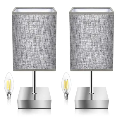 Produktbild von 2× Touch Nachttischlampe Grau – Dimmbar in 3 Helligkeiten, E14 Fassung, Stoffschirm, für Schlafzimmer, Wohnzimmer, Babyzimmer