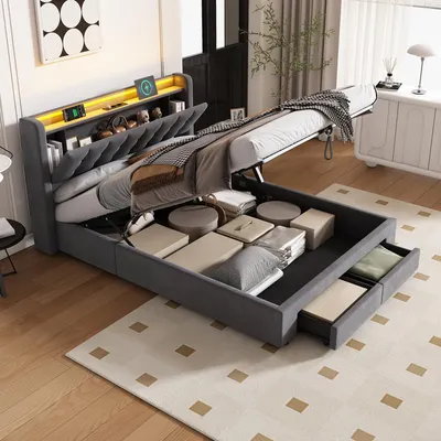 Produktbild von okwish Polsterbett 140×200 mit Steckdosen und LED, Doppelbett mit Bettkasten und Schubladen, Jugendbett in Grau,ohne Matratze