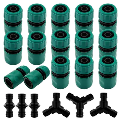 Produktbild von Gartenschlauch Verbinder Set, 15 Stück 1/2 Zoll Schlauchverbinder mit 3 Doppelsteckern und 3 Y-förmigen Schlauchkupplungen für Wasserhähne