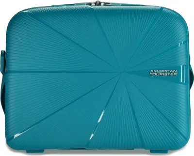 A teal American Tourister beauty case is shown against a white background.