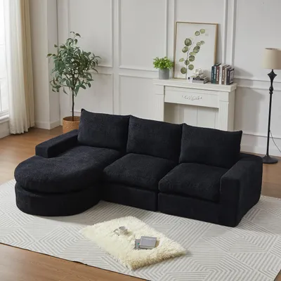 Image de Canapé en chenille avec éléments courbés, canapé modulable avec chaise longue, sans structure, noir
