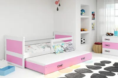 Image de Lit enfant avec lit d'appoint et matelas 90x200 FERGUS - blanc / rose