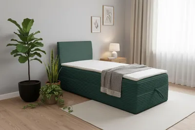 Produktbild von VENASI TILLY MINI Boxspringbett 80x200 Einzelbett mit Bettkasten H2/H3 Matratze GRÜN CORD TILIA