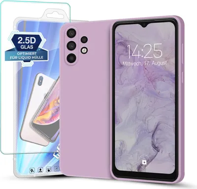 Produktbild von Hülle für Samsung Galaxy A32 5G mit 9H Displayglas Displayschutz Plus Case Cover Bumper Silikon Softgrip Schutzhülle Farbe: Lila