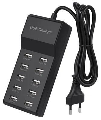 Image de Chargeur USB multiport, 10 ports, 50 W, noir
