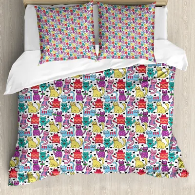 Produktbild von ABAKUHAUS Katze Bettbezug Set, Karikatur-Art lebhafte farbige freundliche fröhliche Charaktere mit Herz-Glück-Liebe, 155 x 220 cm + 80 x 80 cm, Mehrfarbig