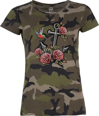 Produktbild von Neverless Damen T-Shirt schwarz S Camouflage Anker Rosen Patch-Stick-Optik 100% Baumwolle