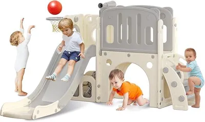 Imagen del producto de Tobogán infantil con plataforma y túnel, para uso en interiores y exteriores, color gris