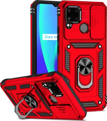 Produktbild von OPPO Realme C11/C12/C15 2020 Hülle mit Schiebe Kamera Schutz und Ringhalter Ständer Robust Rüstung Schutzhülle für OPPO Realme C11/C12/C15 2020 Rot