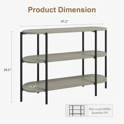 Zdjęcie produktu dla Stół konsolowy w stylu industrialnym - stolik kawowy i boczne - 3 półki - metalowa konstrukcja - półki z drewna - do salonu i przedpokoju - kolor szary