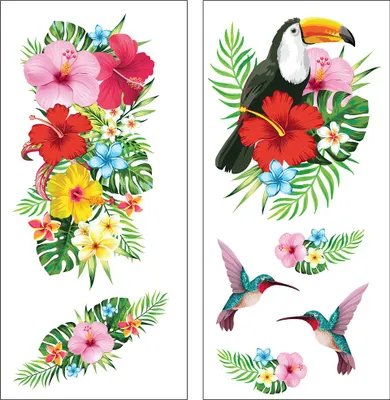 Immagine prodotto di Hawaii Tropical Wonder Tattoo Colibrì Tucano Ibisco Esotico Spiaggia Estate Festa Body Art, Colore: Multicolore