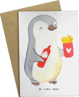 Produktbild von Mr. & Mrs. Panda Klappkarte Imbissverkäufer Herz - Weiß - Geschenk, Pommes mit Ketchup, Pommesliebe, osterkarten, weihnachtskarten, Pommesverkäufer, hochzeitskarten