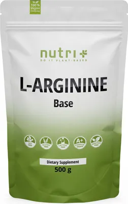 Produktbild von nutri+ L-Arginin Base Pulver | 500 g | mit Vitamin B12 | ohne Zusätze & Geschmacksstoffe | vegan