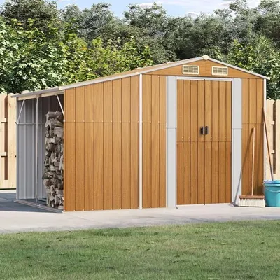 Produktbild von Gartenhaus Metall Mit Holzunterstand Schuppen Garten Hellbraun Metall Holzlager Außen Fahrradunterstand Metall Geräteschrank Metall 277 x 192.5 x 179 cm Verzinkter Stahl
