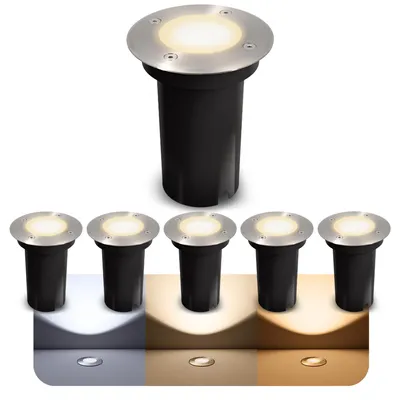 Produktbild von SSC-LUXon 6er Set KALPA LED Bodenleuchte rund silber gebürstet GU10 3W drei einstellbaren Lichtfarben 3CCT IP67 Bodeneinbaustrahler regenfest & befahrbar