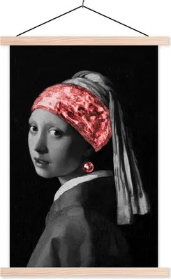 Produktbild von MuchoWow® Textilposter Das Mädchen mit dem Perlenohrring - Johannes Vermeer - Rot 60x90 cm mit holzfarbenen Rahmen - Textil