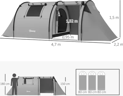 Produktbild von Campingzelt für 3-4 Personen stabil wasserdicht Familienzelt mit Schlafzimmer Wohnzimmer 3000mm Wassersäule Grau