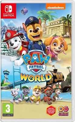 The image is a video game cover for Paw Patrol World on Nintendo Switch. It features several Paw Patrol characters in a vibrant, tropical setting with a bridge and a ship in the background.