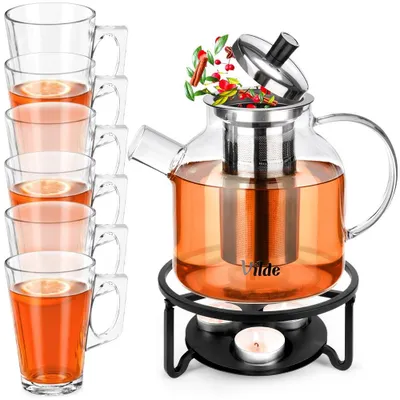 Produktbild von Vilde | Teekanne mit Sieb 1,2 L - Glaskanne mit Stövchen - 6 Gläser 255 ml - Spülmaschinenfest