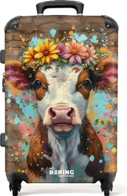 Produktbild von NoBoringSuitcases.com® Großer Koffer - Graffiti-Kuh mit bunten Blumen - Kombinationsschloss TSA - Hartschalen Trolley 4 Rollen - 72 liter - Reisekoffer - 66 cmKoffer Mittelgroß 67x43x25 cm, 72L,