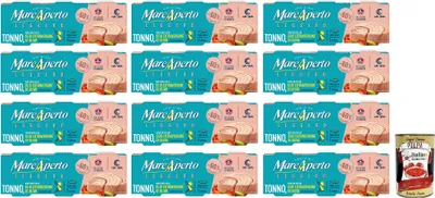 Produktbild von 12x Mare Aperto Tonno Leggero,Thunfisch, nur mit einem Schuss nativem Olivenöl extra und einer Prise Salz ( 3 x 60g Dose) + Italian Gourmet Polpa di Pomodoro 400g Dose