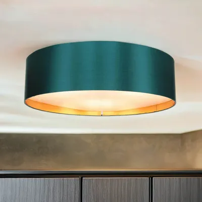 Produktbild von Deckenlampe rund Ø 60 cm Grün Gold 3x E27 Stoff Metall blendarm Deckenleuchte Wohnzimmer Schlafzimmer
