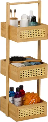 Image de Étagère de salle de bain Relaxdays, 3 étagères en rotin, H x l x P : 83 x 27 x 26 cm, étagère sur pied pour salle de bain et cuisine, bambou, MDF, naturel