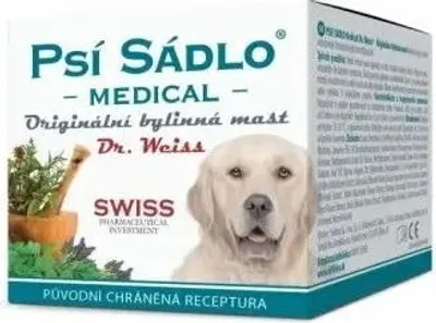 A product box for Dr. Weiss Hundeschmalz Medical, featuring a dog's face and herbal imagery.
