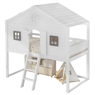 Produktbild von Hausbett,mit Treppe,mit Fallschutz und Gitter,Zwei graue Fenster,Kinderbett mit Fenster,Frei gestaltetes Unterbett,Rahmen aus Kiefer,Kiefer+MDF