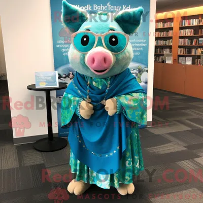 Produktbild von Maskottchenfigur REDBROKOLY einer türkisfarbenen Sau mit Wickelkleid und Lesebrille