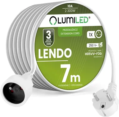Produktbild von LUMILED robustes und flexibles Verlängerungskabel 7 m Stromkabel H05VV-F 3G 1,0mm² 10A 1-fach Steckdose Typ E PVC für Innen Weiß IP20