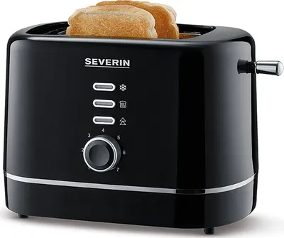 A black Severin toaster with two slices of toast in it, shown from a slightly elevated front angle against a white background.