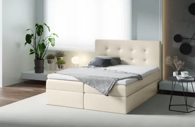 Produktbild von Boxspringbett MENZIE , Pocket Matraze Topper , 160 x 200 cm , ( Creme , Kunstleder )