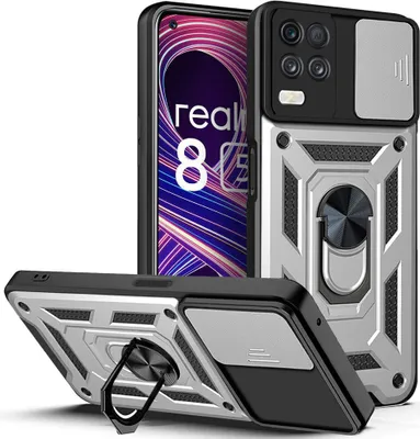 A product shot of a phone case with a ring stand and camera cover.