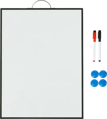 Zdjęcie produktu dla Tablica suchościeralna Relaxdays, magnetyczna, do zawieszenia, 2 pisaki, 4 magnesy, tablica magnetyczna, 40 x 30 cm, biało-czarna