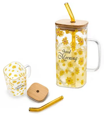 Glasbecher 380 ml mit Deckel, Strohhalm, Gänseblümchen-Design
