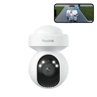A white Reolink security camera is shown in the foreground, with a smartphone displaying a live feed from the camera in the background.