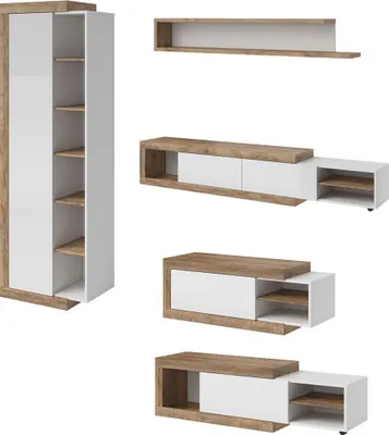 Produktbild von Wohnzimmer-Set Saragossa Anbauwand 4-teilig Grifflos weiß Hochglanz Samdal Eiche