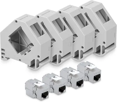 Produktbild von kwmobile Keystone Modul Set CAT 6A mit Hutschienenadapter - 4x RJ45 Buchse geschirmt + 4x Halter für DIN Hutschiene - werkzeuglose Netzwerkdose bis 10