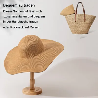 Obrázek produktu pro Dámský slaměný klobouk s ochranou proti slunci, skládací, s UV ochranou, plážový klobouk, elegantní letní klobouk, ideální pro odpočinek na pláži, široká krempa, UPF 50+