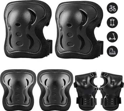 A set of black protective gear for children, including knee pads and elbow pads, arranged on a white background. Small circular icons representing different sports are visible on the right side of the image.